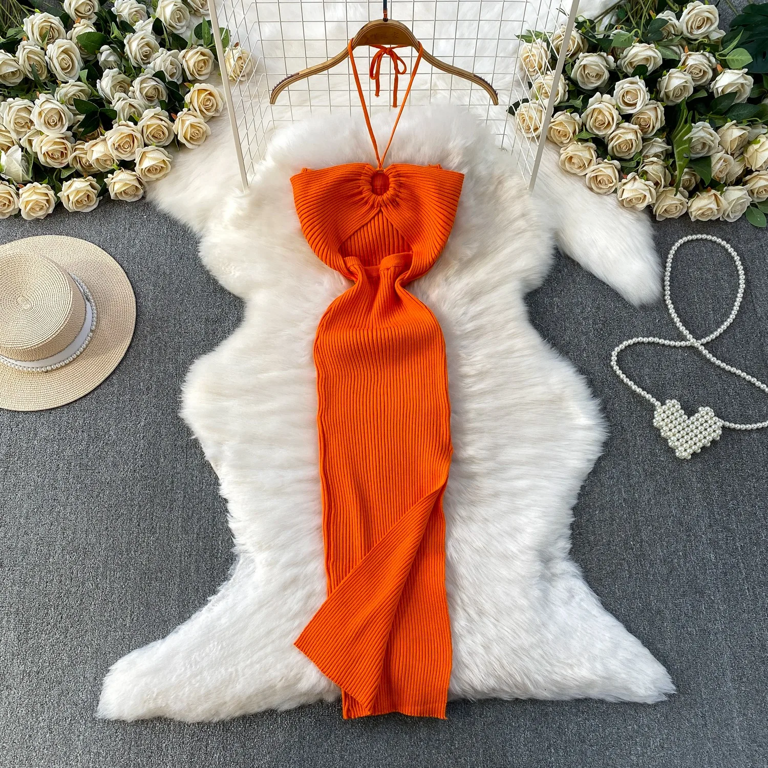 YuooMuoo Estilo de férias sexy envoltório quadris dividir vestido de verão de malha 2026 novo y2k halter magro longo bodycon vestido de festa praia robe