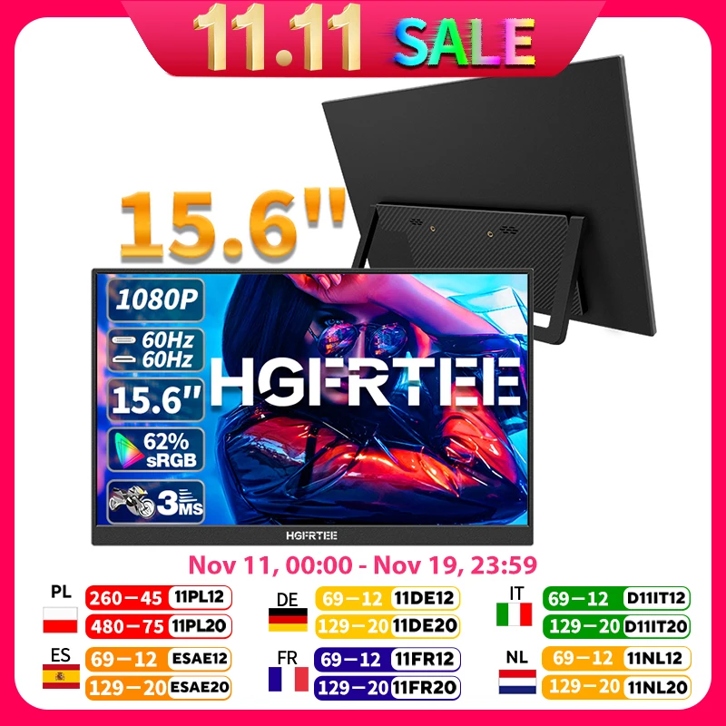 

HGFRTEE 15.6inch Portable Monitor FHD-IPS Panel Second Screen for Laptop Gaming Extended Display with Type C HDMI