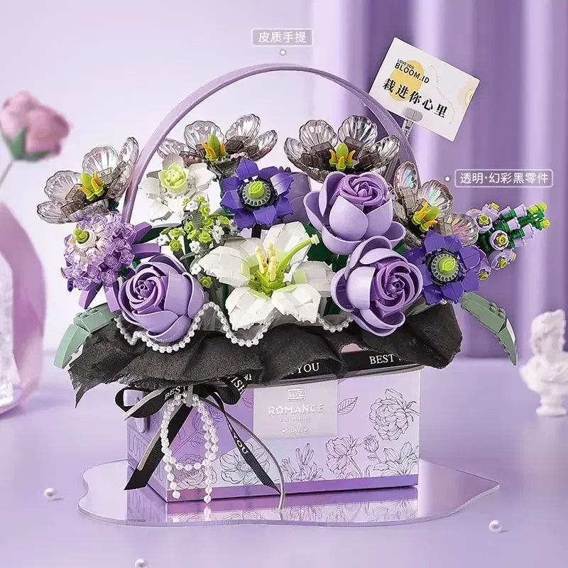 Creative Pink Rose Basket Bouquet Building Blocks for Girls Assembled Preserved Fresh Flower Teacher\'s Day Gift