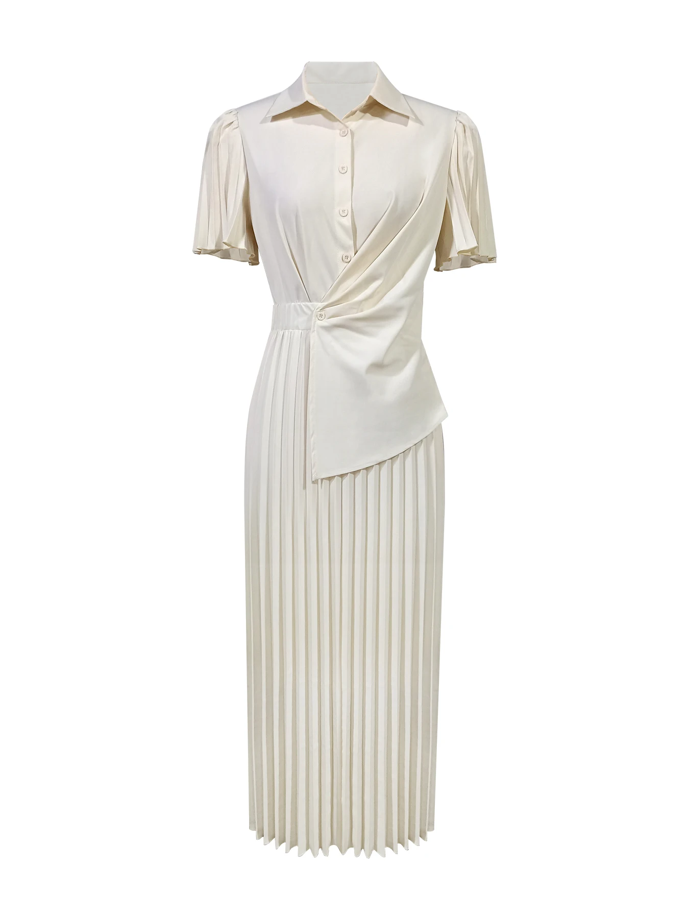Women Cream Satin Shirt Dress Pleated Sleeve Twist Waist Maxi Dress Elegant Style