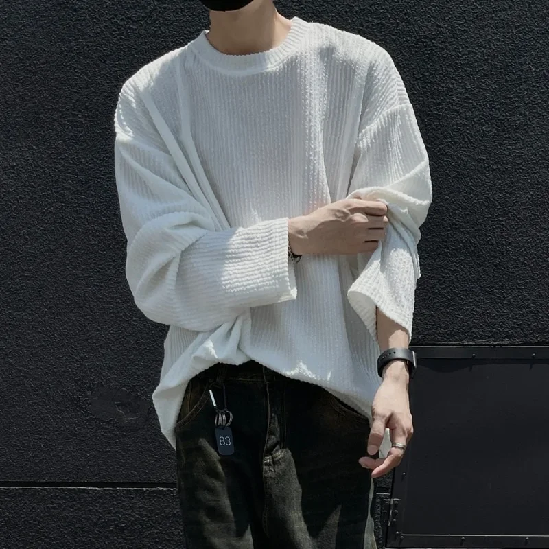 2024 New Long Sleeved T-shirts with Lazy Drape and Loose Round Neck T-shirt Top for Men Harajuku