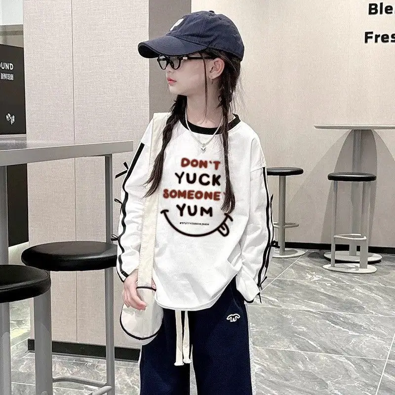 

Футболка с длинными рукавами для девочек-подростков, модная универсальная повседневная свободная рубашка с бантом, детский топ на весну и осень, для детей 5, 6, 7, 8, 9 лет