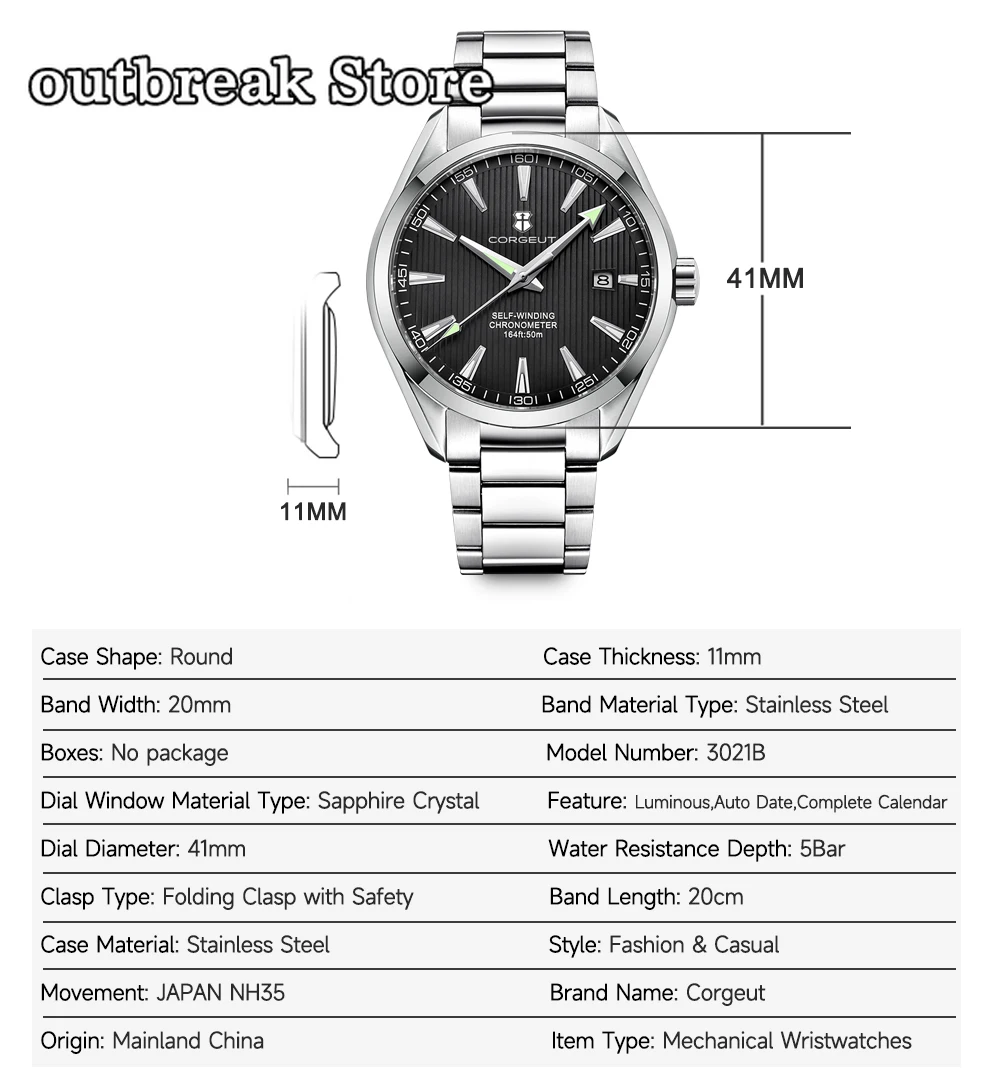 NEW CORGEUT 41MM Sapphire Fashion NH35 Movt Lume Automatic Mechanical Sport Watch Strap Male Clock Relogio Masculino