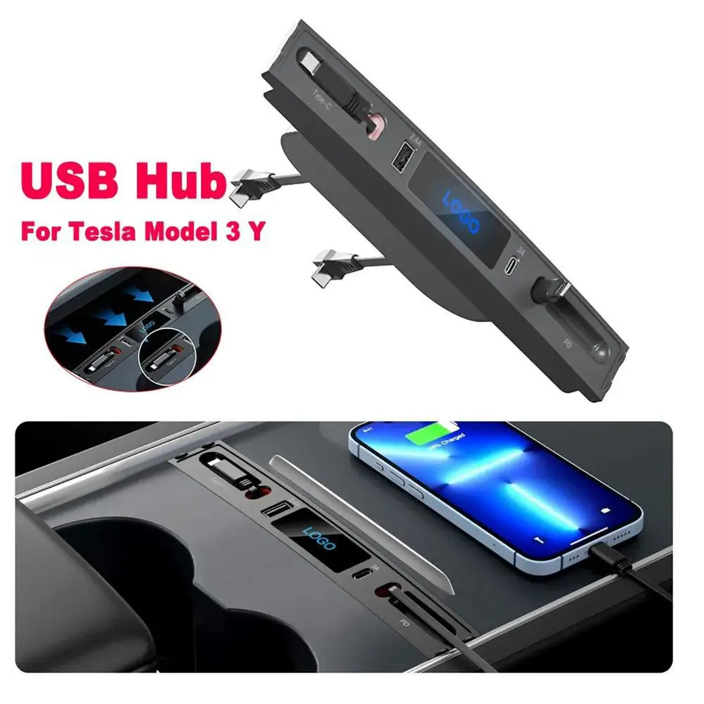 For Tesla Model 3/Y Docking Station Dual USB USB Centre Console Adapter Digital Display Expansion Dock QC3.0 Plug and Play