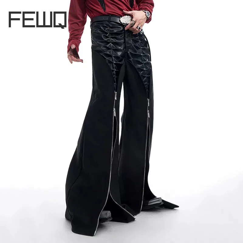 FEWQ Niche Pleated PU Leather Pants Men's Autumn Winter Zipper Solid Color Darkwear Male Trousers High Street 24E2572