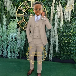 Boys Suits Beige 3-Piece Slim Fit Jacket Vest Pants Custom Kids Outfit Formal Attire for Wedding Campus Prom Birthday Party