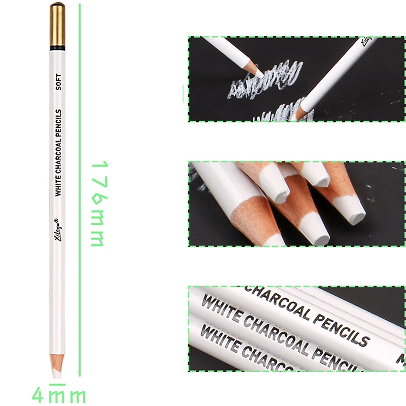 6Pcs White Charcoal Pencil Drawing Set Soft & Medium Sketching Pencil Art Supply