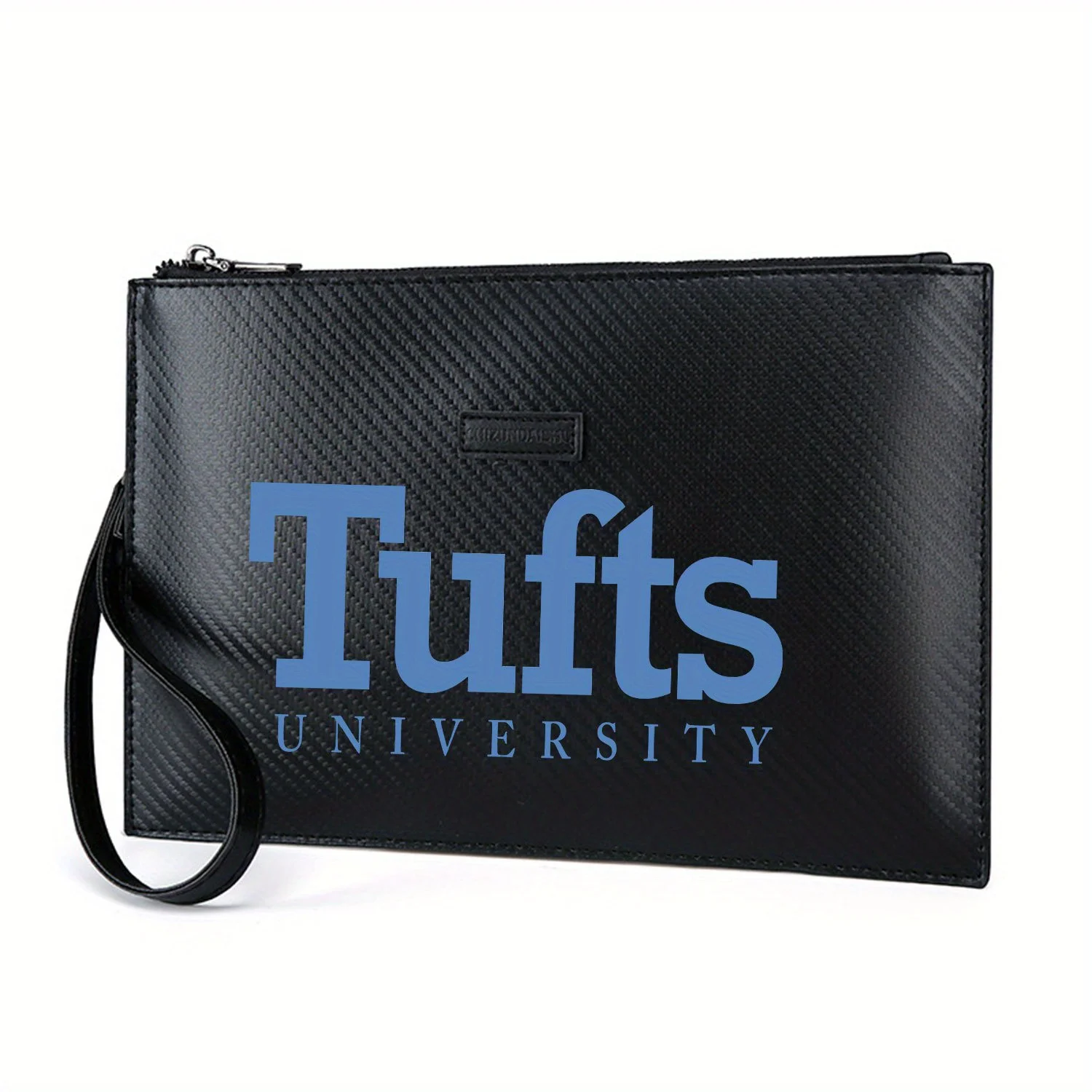 タフツ大学の青い文字のロゴがエレガントにプリントされたPUメンズハンドバッグ、日常使いにファッショナブルで実用的