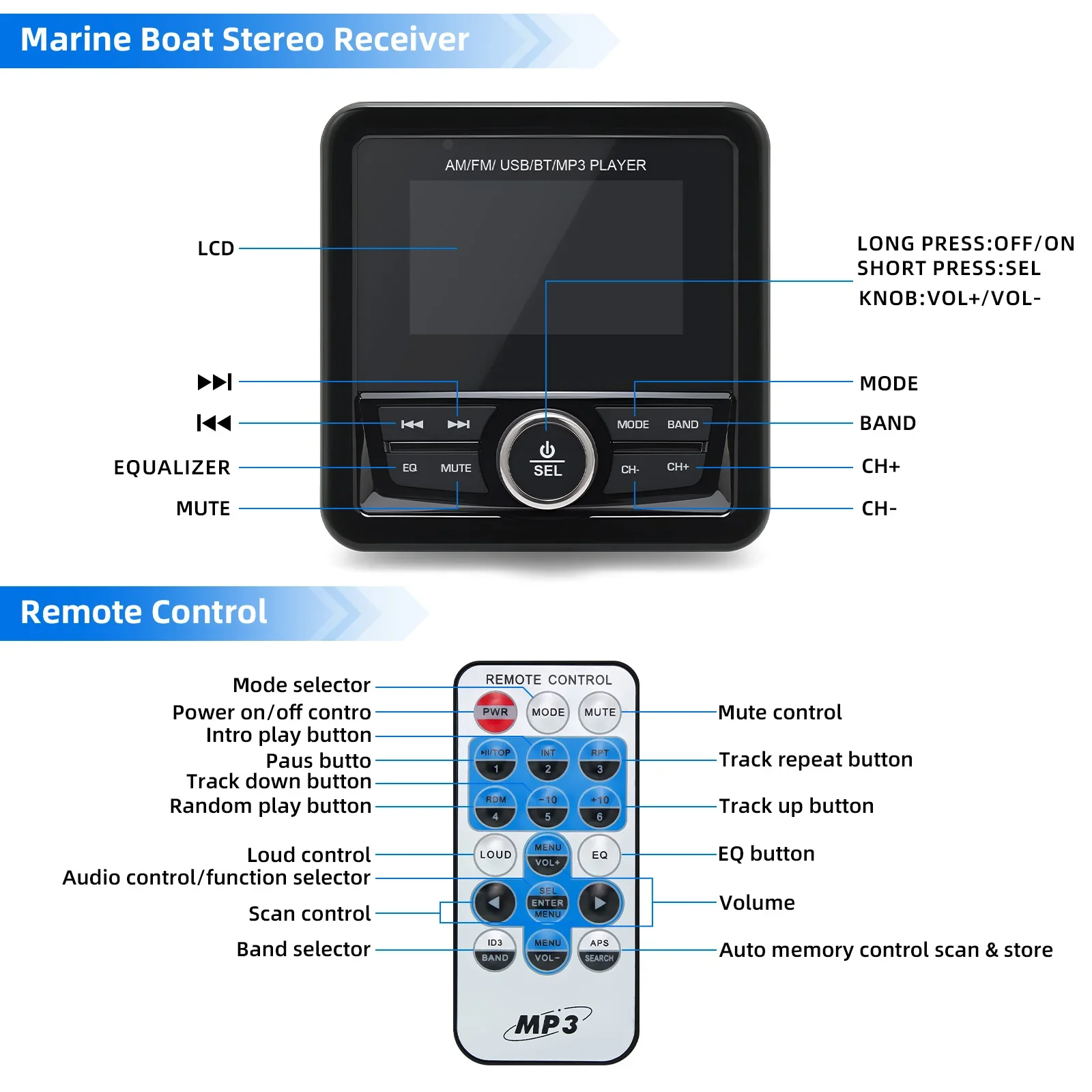 AD MP3 Radio Łodzi Stereo Marine Radio 3-calowy Wyświetlacz Odtwarzacz Multimedialny Wodoodporny Bluetooth AUX AM FM RDS do ATV UTV