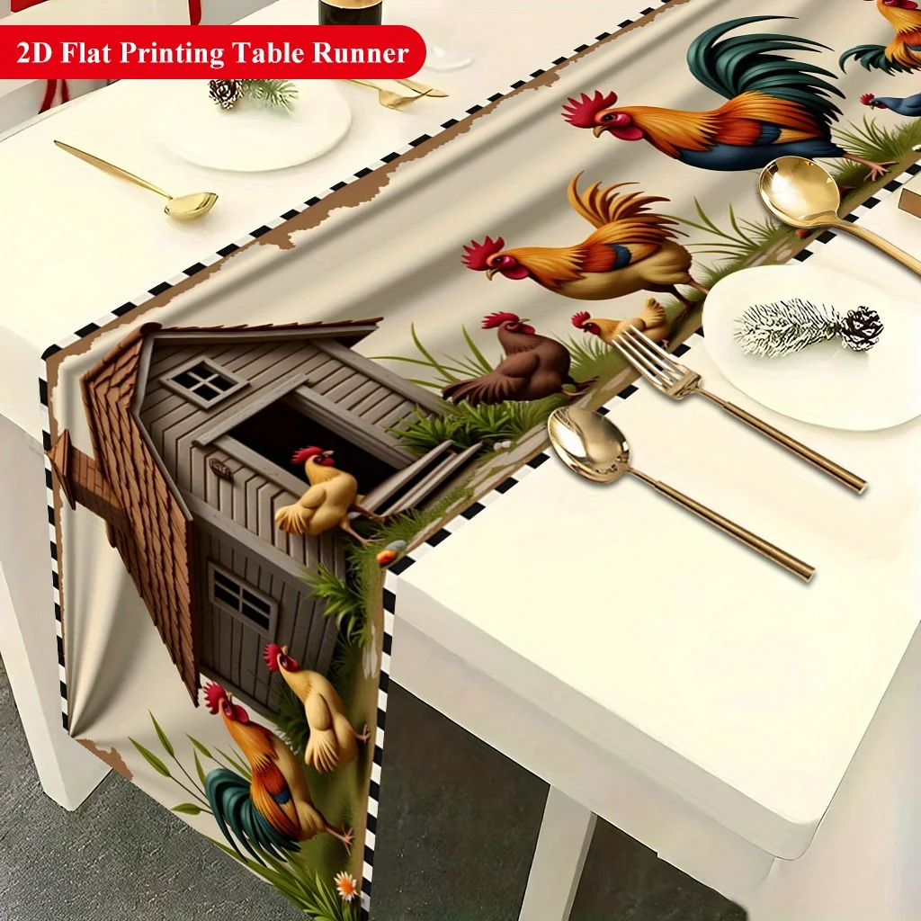 1PC 2D Flat Printing Gorgeous Roosters Near A Hut Table Runner, Polyester Rectangular Table Decor for Dining Coffee Table, Home