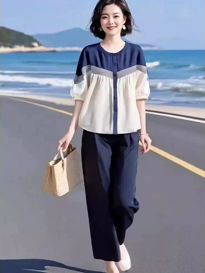 

Loose Casual Color Block Short Sleeve Two Piece Set for Middle Aged And Elderly plus Size Women Summer New Korean Style Fashi...