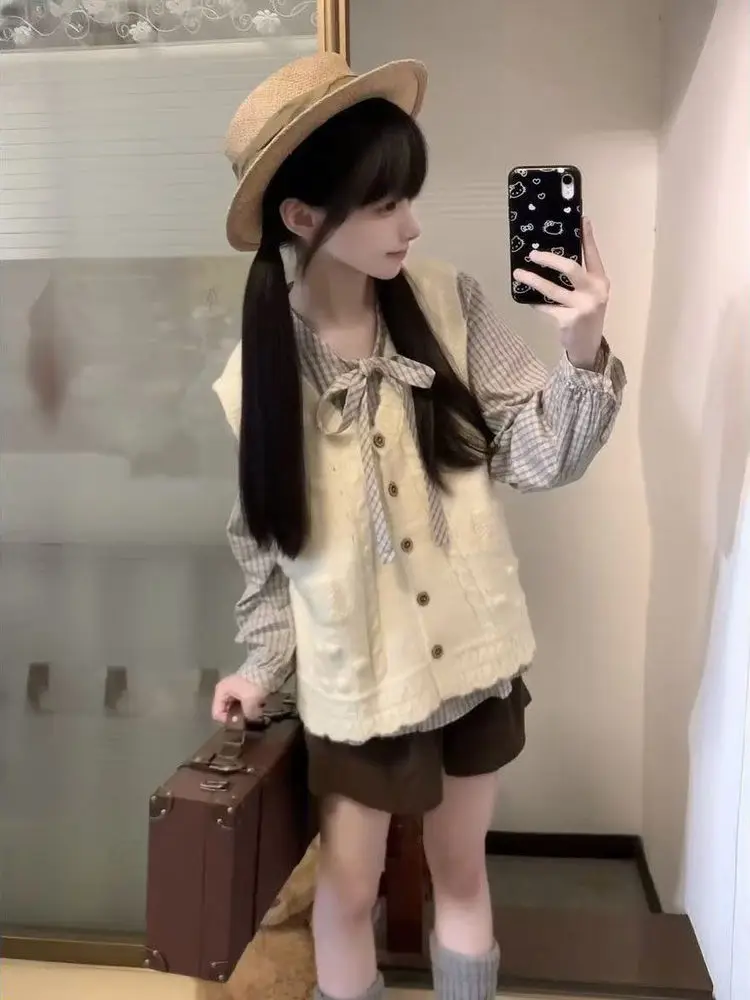 

Японский вязаный кардиган-жилет с клетчатым галстуком-бабочкой, комплект из двух предметов, студенческий ансамбль, теплый, нежный ветер