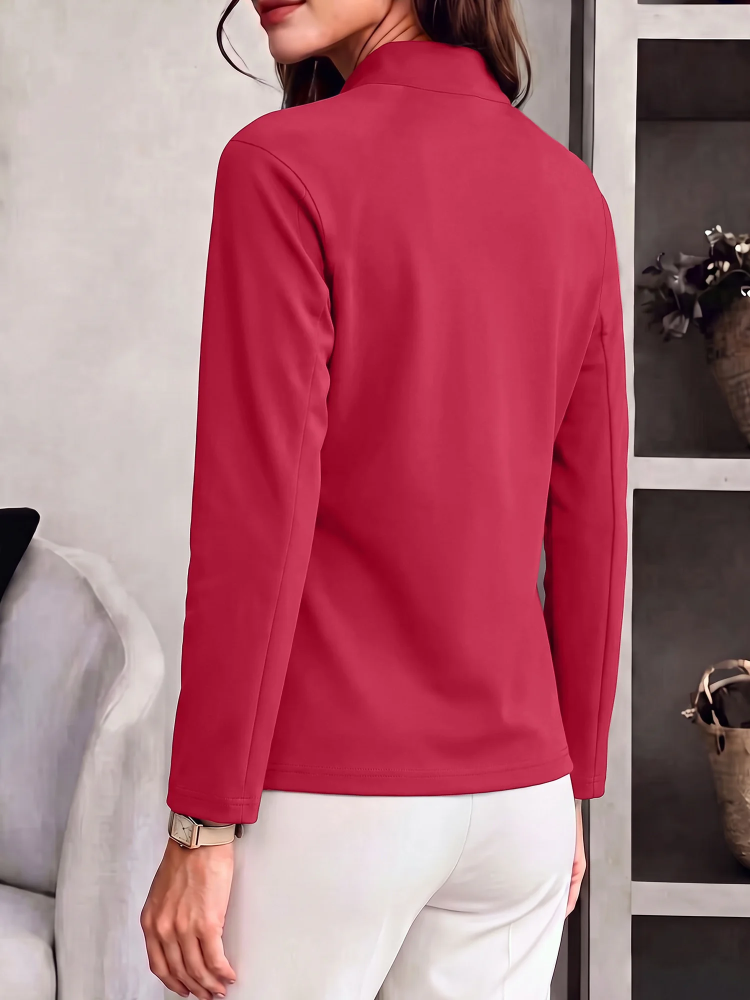 Womens Office Business Outerwear Mandarin Collar Open Front Long Sleeve Slim Blazer Coat Solid Black Jacket For Daily Work