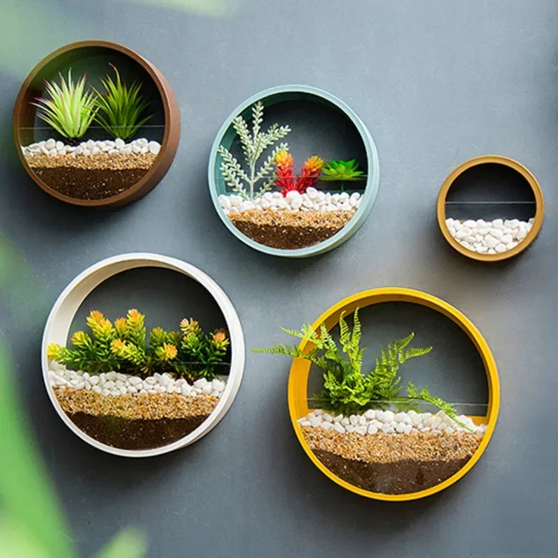 Round Iron Wall Vase Nordic Home Living Room Hanging Basket Decorative Flower Pot Wall Decor Succulent Plant Planter Glass Vases