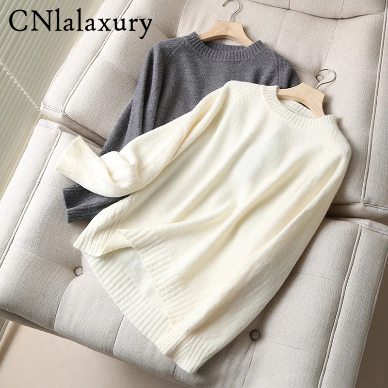 CNlalaxury 2023 High Quality Autumn Winter Warm Knitting Sweater Female Casual Solid Loose O Neck Simple Pullover Tops Jumper