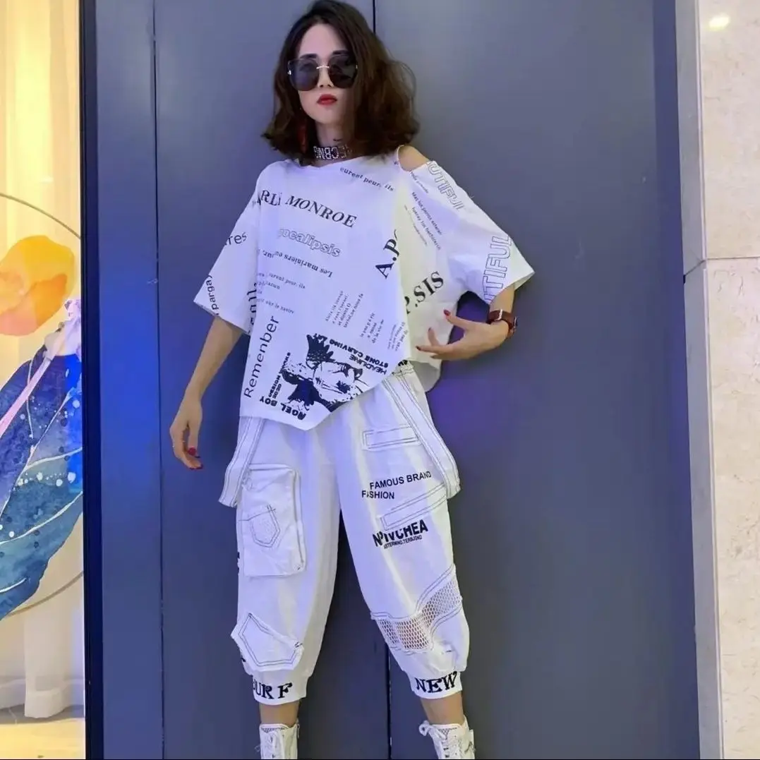 2-piece set Korean Women Summer Outdoor Sports Leisure Suit Fashion Hollowed Out Loose Female Top T-shirt Patchwork Harlan Pants