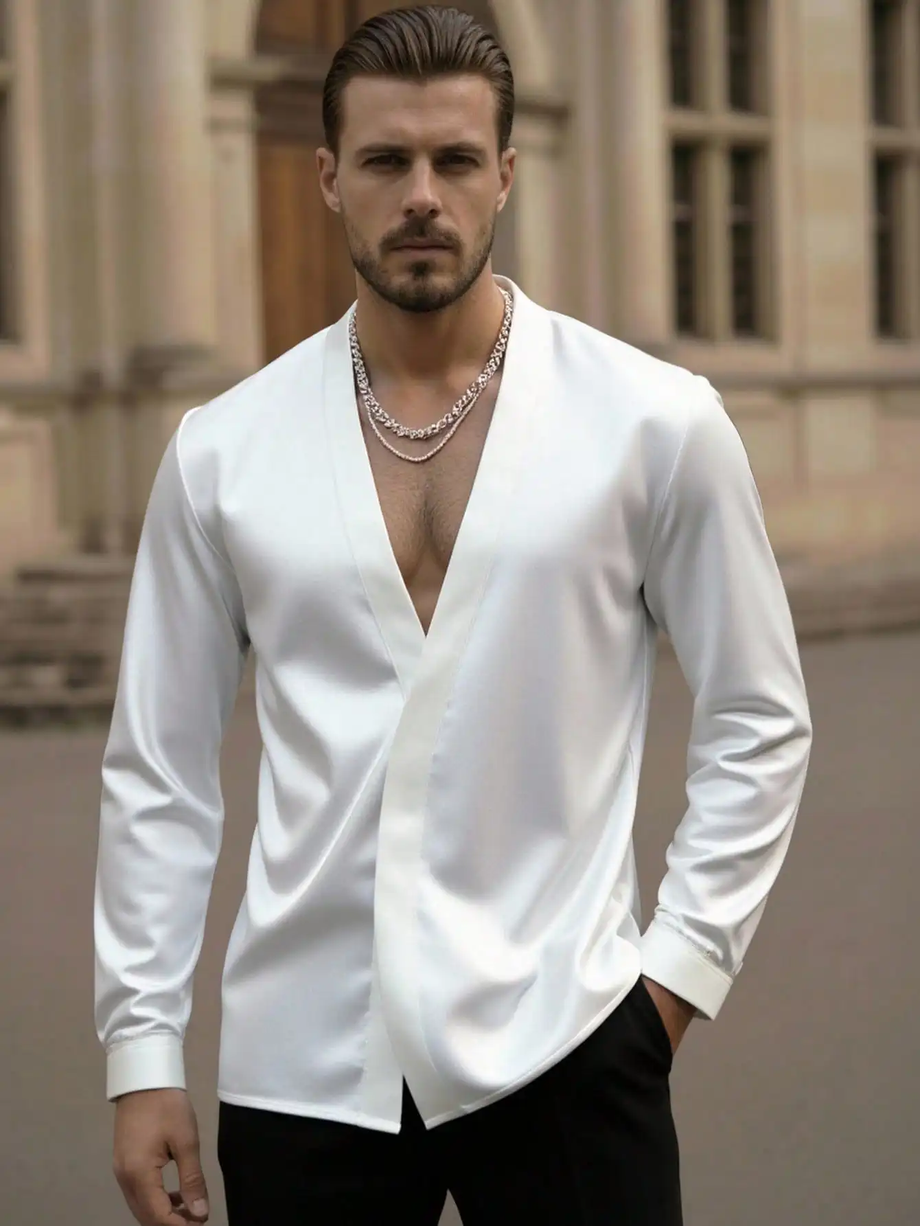 

Men's Asymmetric V-Neck Satin Shirt for Formal Events and Parties