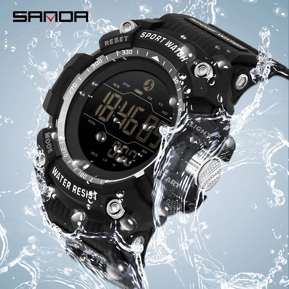 SANDA 2192 ساعة إلكترونية عصرية للرجال عد السعرات الحرارية خطوة ممارسة متعددة الوظائف مقاوم للماء ساعة إلكترونية للرجال