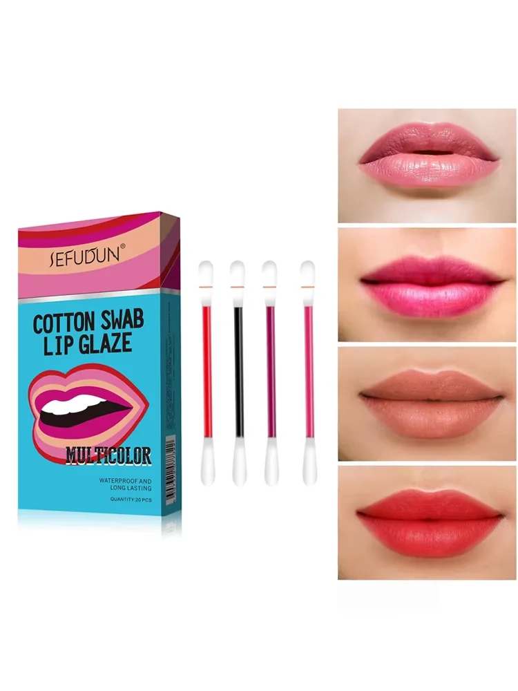 20Pcs Disposable Cotton Stick Lip Tint Waterproof Long Wear Mini Portable Travel Lips Cosmetic Set For Women Daily Makeup
