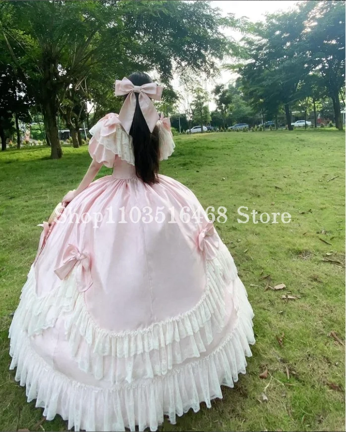 Historic Victorian Prom Dress Pink Round Neck Satin Lace Bow Appliqué Customisation Puffy Dress Masquerade فستان سهرة سعودية فخم