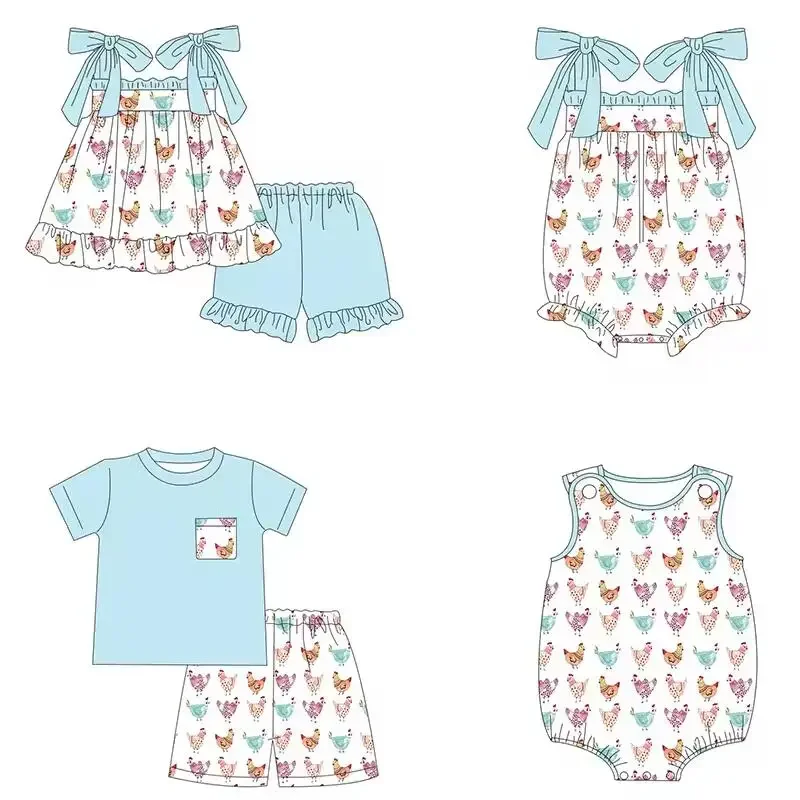 New Boutique children's set suspender bow chick print shorts lace girl boy shorts set baby romper milk silk