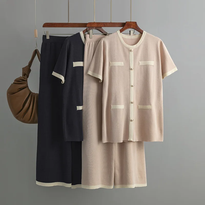 

Женский комплект в европейском и американском стиле с круглым вырезом на пуговицах, цветной топ с короткими рукавами, универсальный вязаный топ с высокой талией и широкими штанинами