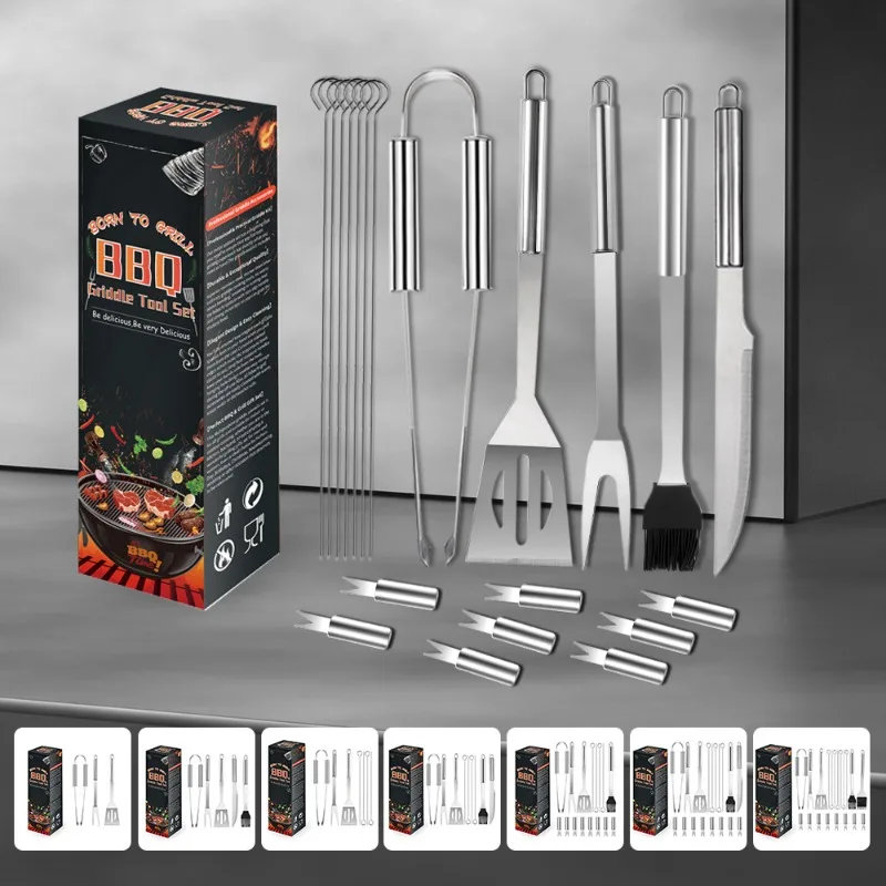 

Stainless Steel Barbecue Tool Set in Paper Box for Home Users To Carry Cleaning Brushes and BBQ Combination Grills Outside