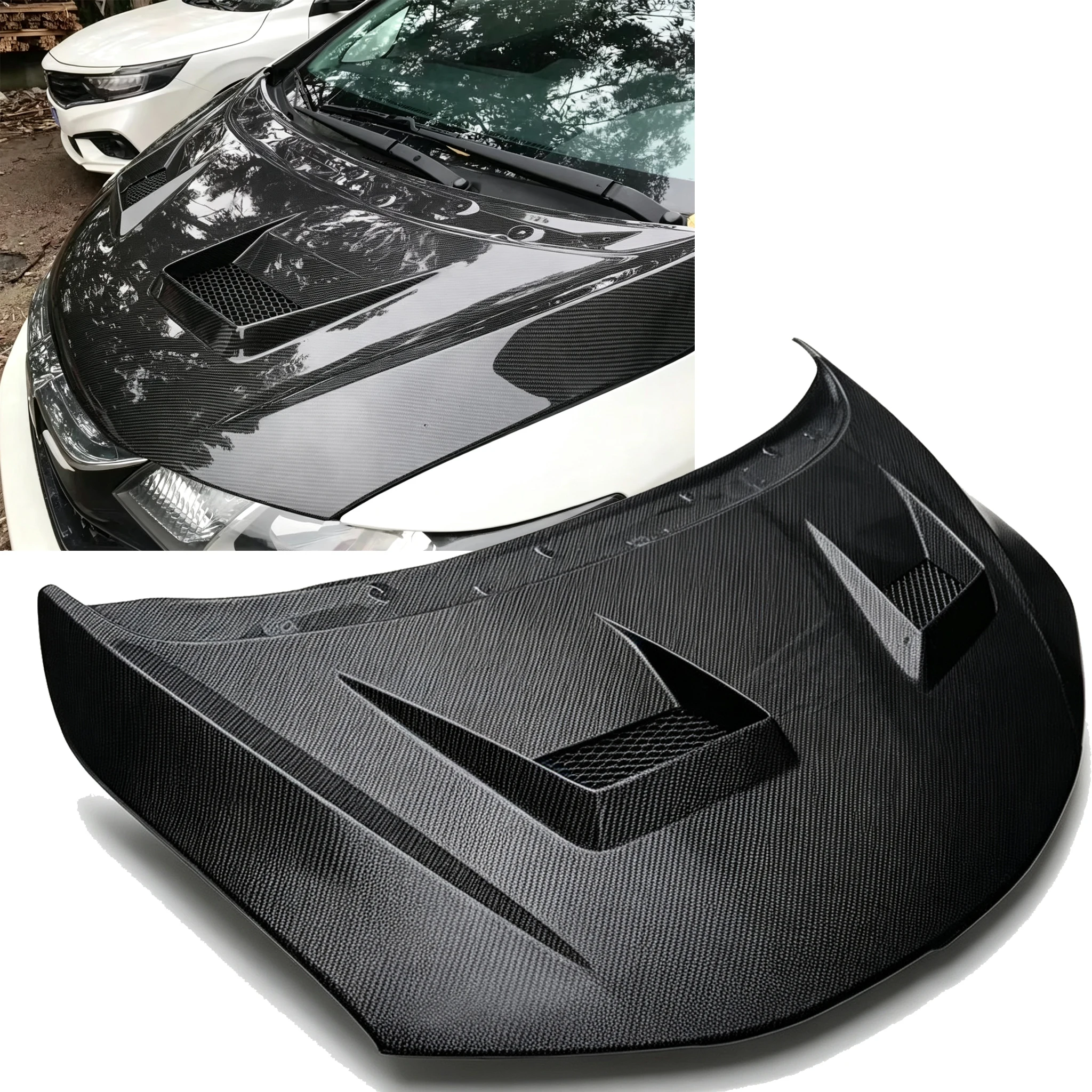 Real Gloss Carbon Fiber Hood Bonnet for Honda Fit Jazz GK5 Vented Engine Cover Car Exterior Body Kit Modification Parts