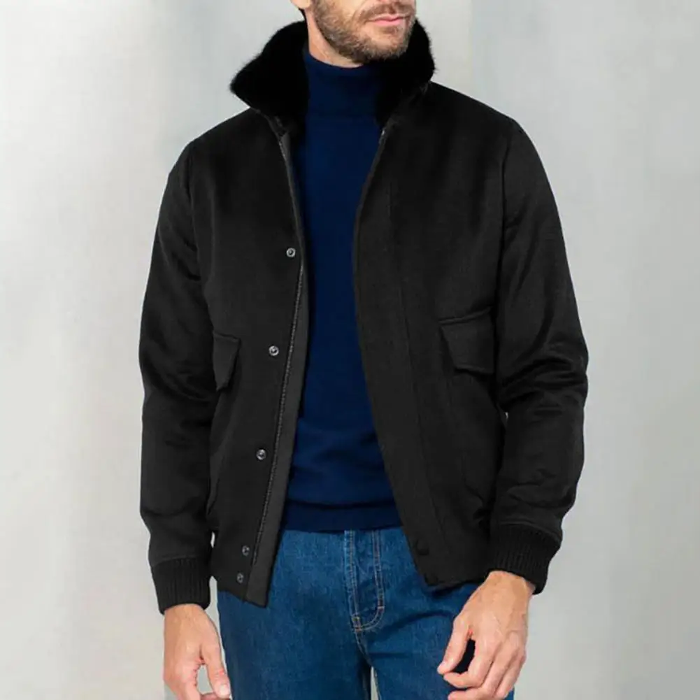 Chaqueta con solapa de costura de felpa de estilo Retro para hombre, abrigo con bolsillos de solapa, prendas de vestir exteriores de lana de Color sólido para Otoño e Invierno