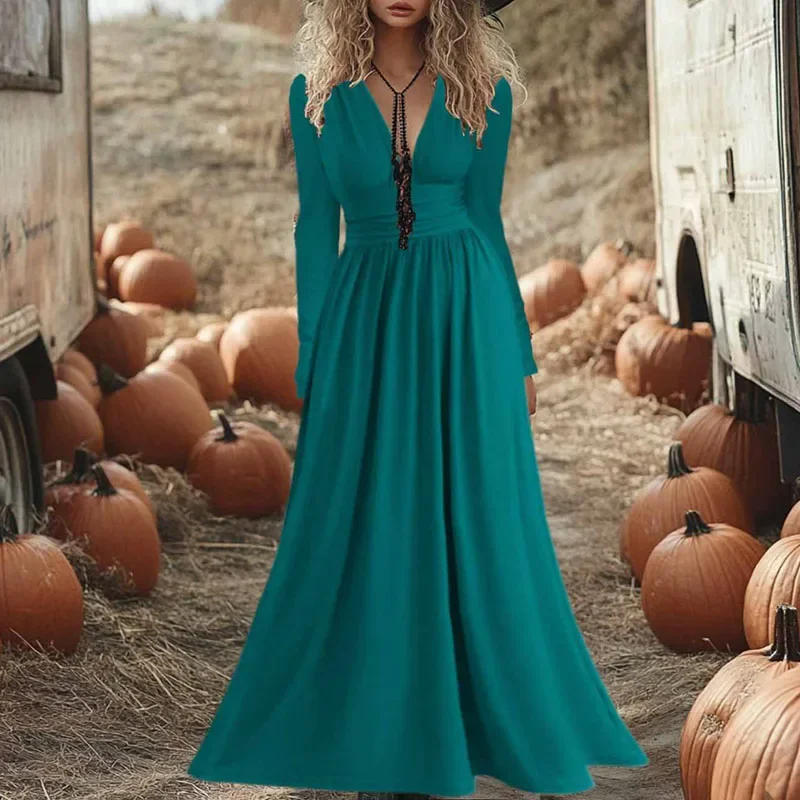 Casual High Waist Long Sleeve Mujer Dress Autumn Pleated Solid A-Line Boho Long Dress Sexy Hollow V Neck Holiday Evening Dresses