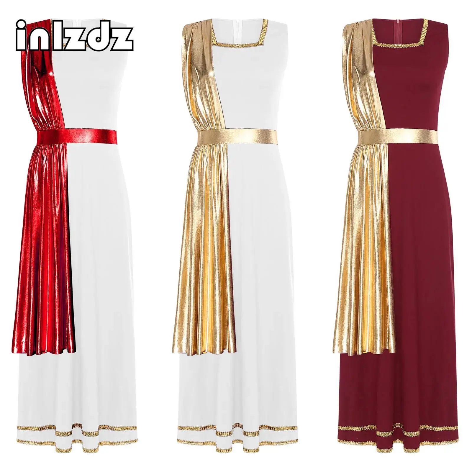 

Womens Ancient Greek Roman Tunic Dress Square Neck Sleeveless Gold Trim Metallic Shiny Drape Robe Toga for Halloween Cosplay