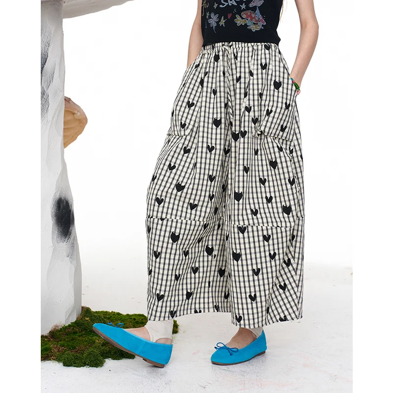 ELFSACK Gingham Heart Print Wide Leg Pants, Elastic Waist Casual Culottes, Y2K Streetwear Loose Trousers