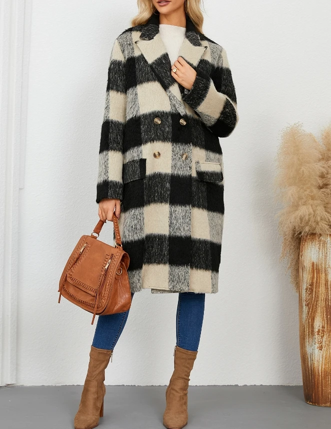 

Checkered double-sided wool coat, high-end suit collar, woolen coat