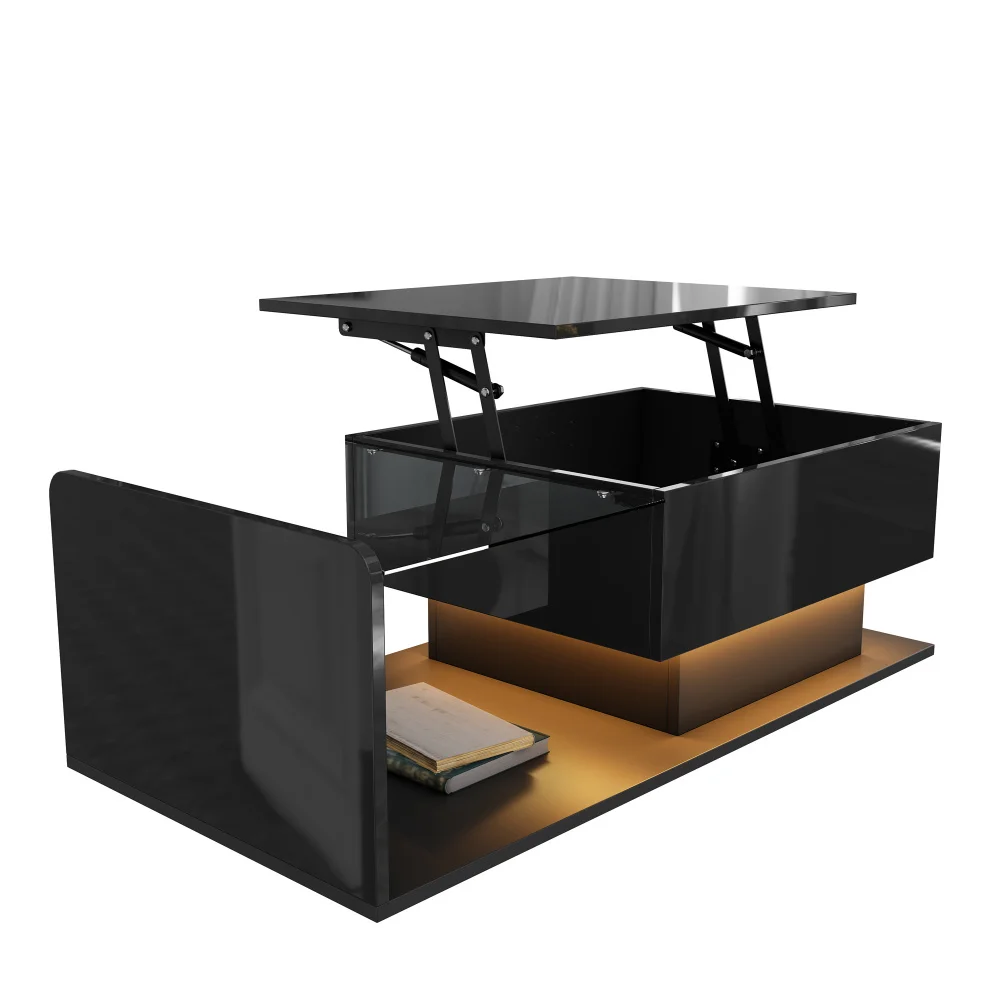 PINGGO Coffee Table, High-Gloss Black, Side Table, Coffee Table with Glass and LED Effect, with Glass Top