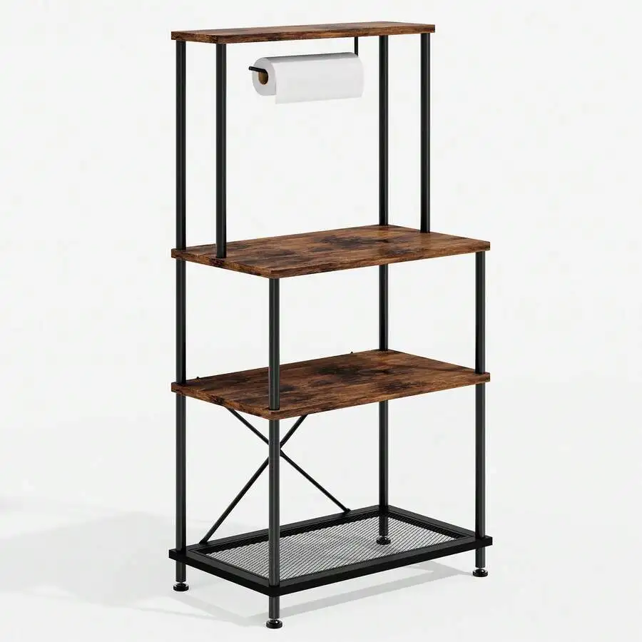 4-Tier Kitchen Bakers Rack With Paper Towel Holder, Small Microwave Stand Storage Cart Utility Workstation Organizer Shelf For K