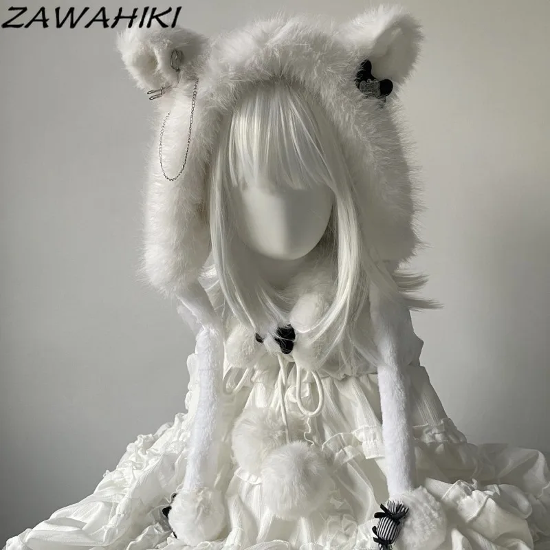 Kawaii Japanese Bomber Hats Chains Design Patchwork Hat with Ears Keep Warm Cute White Fluffy Hat for Women Fashion Sweet Caps