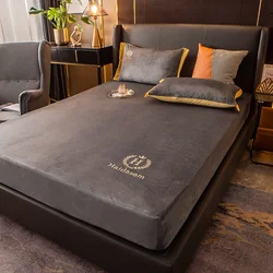 3pcs Set Super Soft Velvet Fitted Sheet Embroidery Coral Fleece Bed Sheet Set King Queen Size 1pc Mattress Cover+2pcs Pillowcase