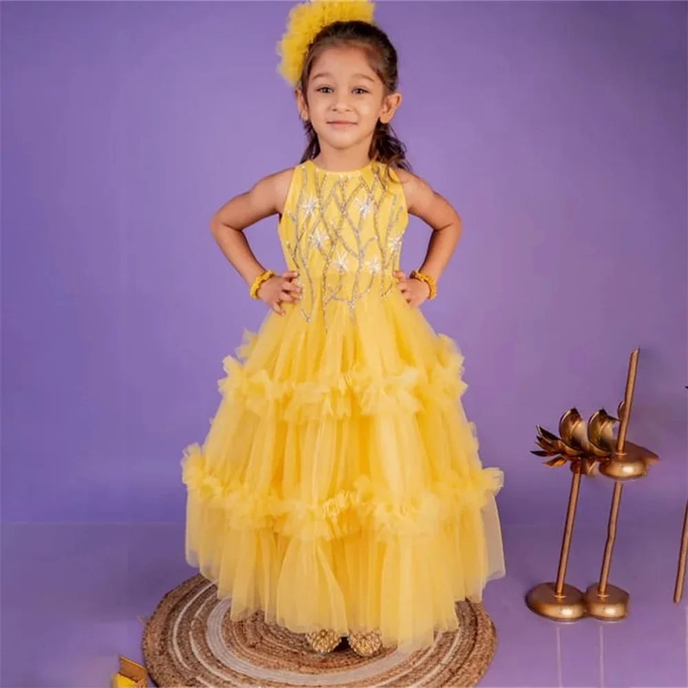 Vestido de niña de flores amarillo personalizado con cuello redondo, lentejuelas sin mangas, baile de primera comunión, ceremonia de graduación de cumpleaños, fiesta de boda