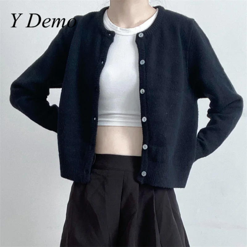 Y Demo Casual Solid Color Long Sleeve Single Breasted O-neck Knitted Open Stitch Women\'s Soft Slim Cardigan