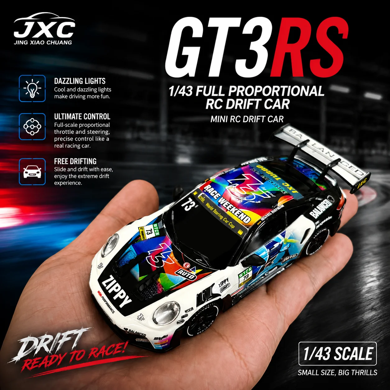 JXC GT3RS 1/43 Scale RC Drift Car 4WD High Speed Gyro Stabilized Remote Control Racing Car Hobby Grade Mini RTR Vehicle view 3