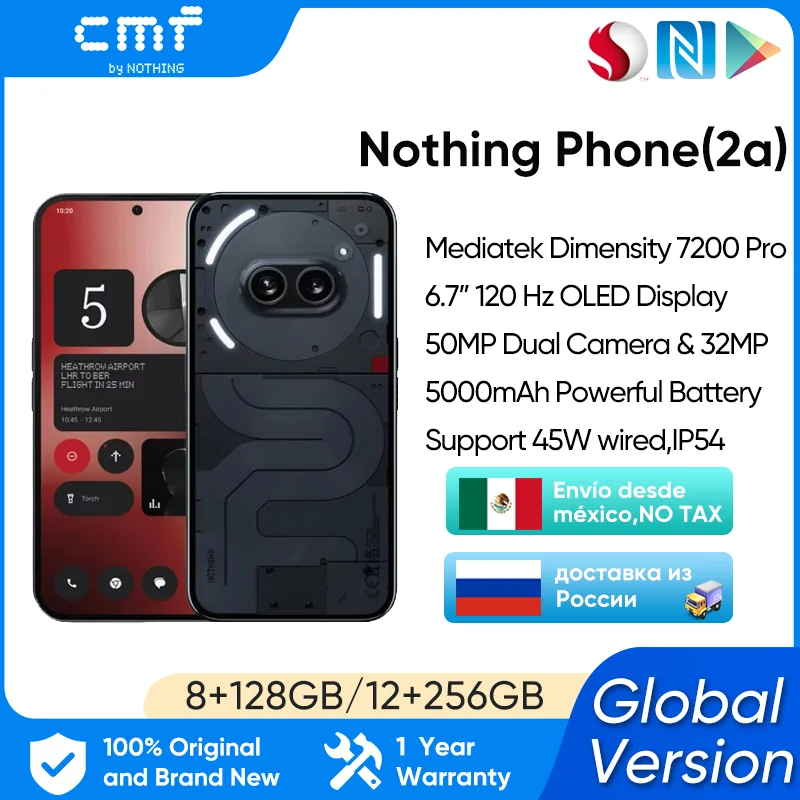 Nada do telefone (2a) versão global 6.7 ”120Hz AMOLED Display Mediatek 5000mAh IP54 Dimensity 7200 Pro Dual 50MP Camera Phone 2a