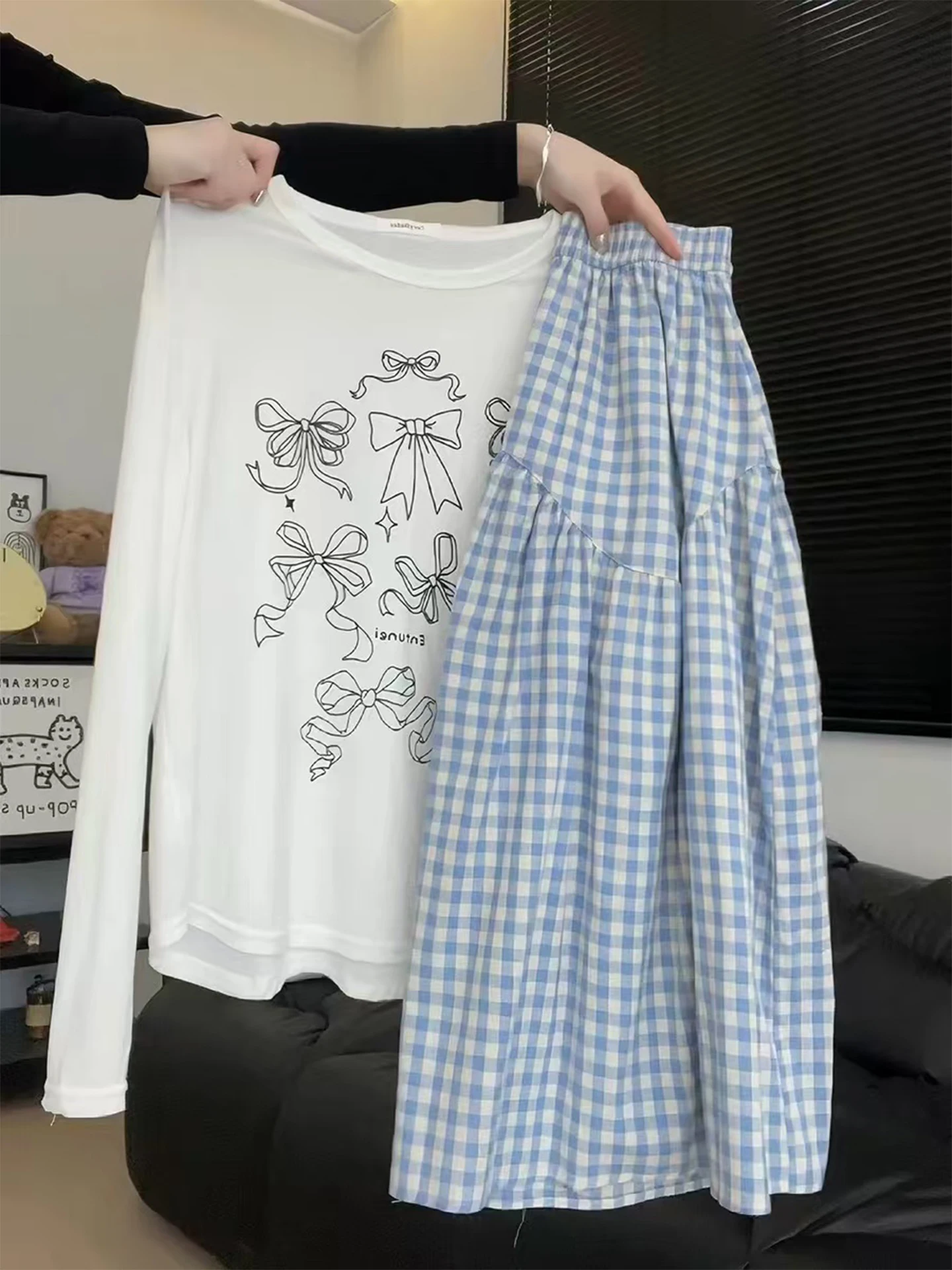 

Юбка миди А-силуэта в синюю клетку больших размеров для женщин, лето 2026, новый стиль, с завышенной талией, стройнящая, пышная, премиум-класса, модная