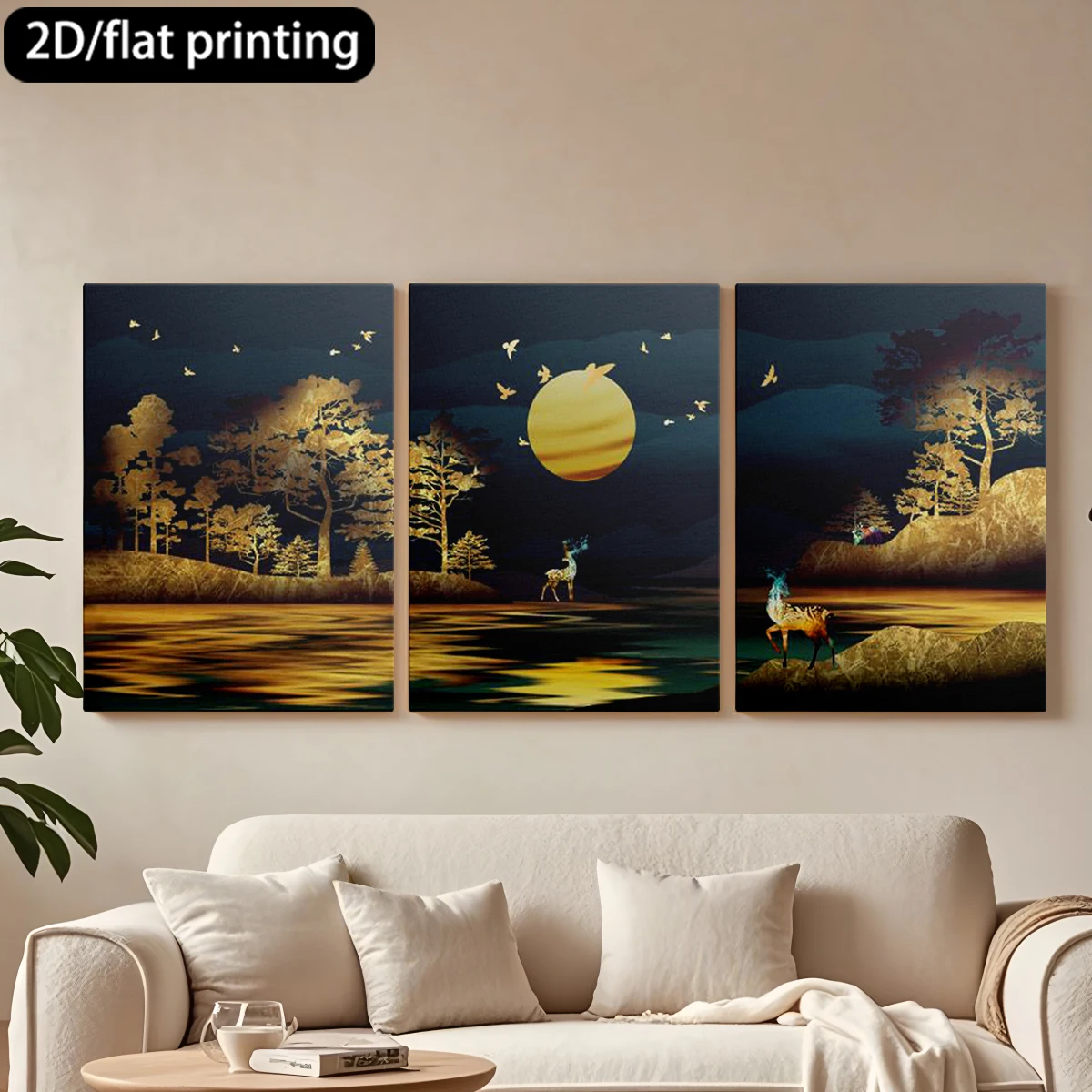 

3pc wooden frame canvas decorative paintingGolden moon, deer, birds, serene lake.Corridor bedroom decoration