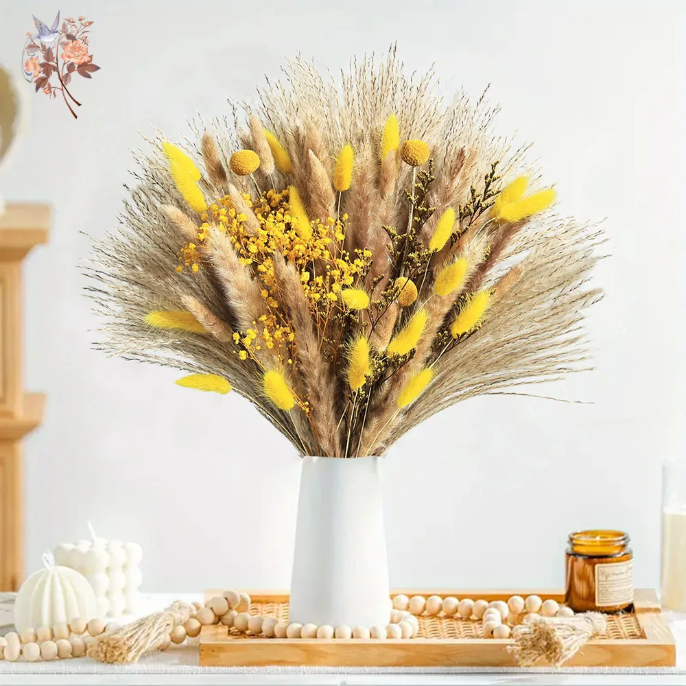 

80pcs Yellow Baby Breath Rabbit Tail Pampas Grass Dried Bouquet Flowers Decoration Home Bedroom Vases Flower Craft Arrangements