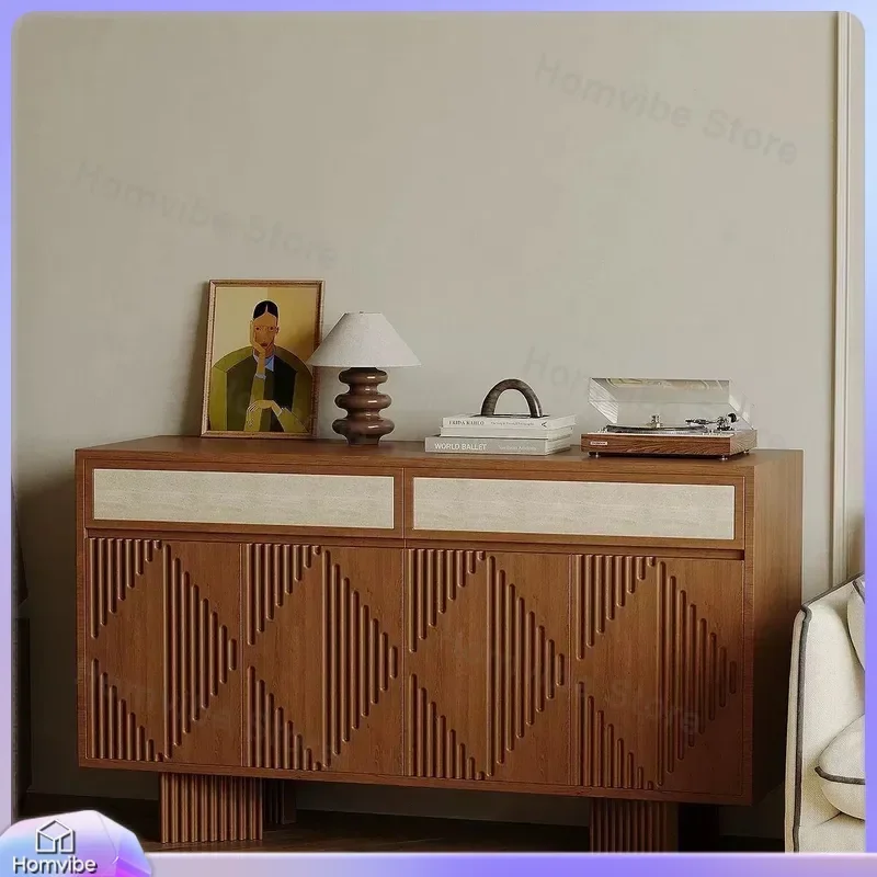 Medieval Solid Wood Dining Side Cabinet Geometric Texture Wall Storage Locker Retro Drawer Cabinet for Living Room Bedroom