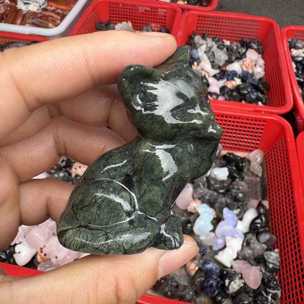 Custom 6cm Xiuyan Jade Cat Crystal Carving - Handcrafted Healing Gemstone Kitty Figurine for Home Decor