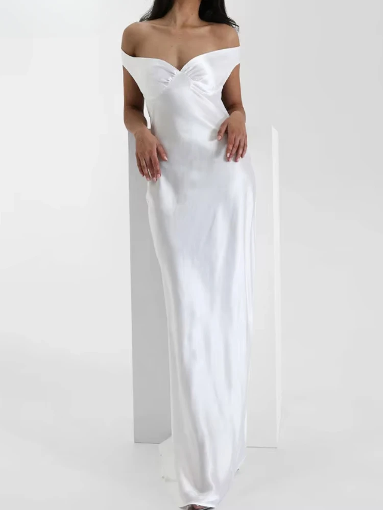 Novo verão cetim arco sem costas sexy maxi vestido para mulheres vestido moda decote em v sem mangas clube festa vestido de noite roupas elegantes