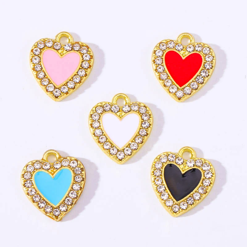 20pcs 12*13mm Luxury Oil Drop Enamel Heart Earring Necklace Pendant DIY Party Zircon Bracelet Accessories Ornament Charm Jewelry