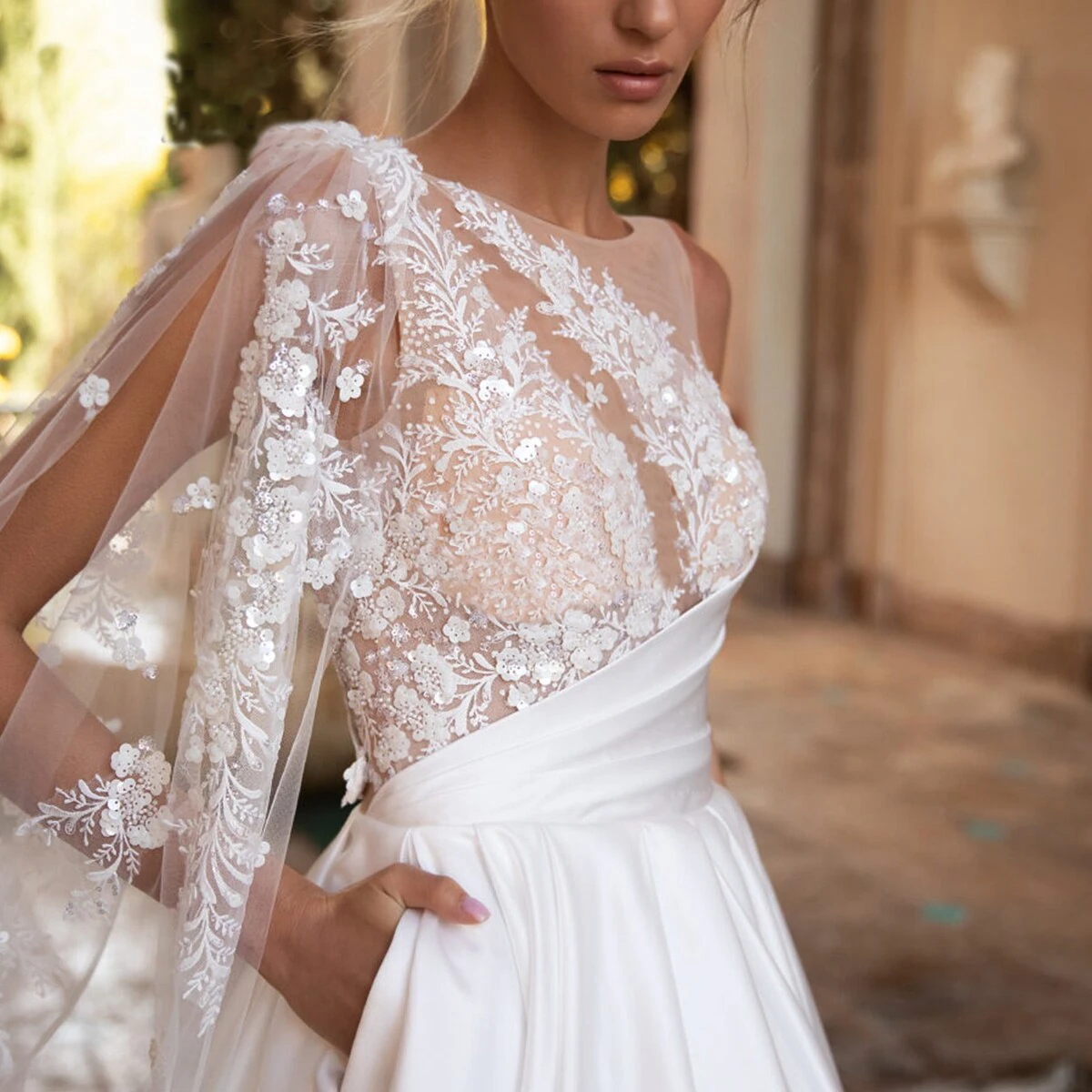 Abito da sposa senza schienale in pizzo bohémien a-line con cinturino tascabile Appliques a nastro abito da sposa monospalla o-collo Vestido De Novia