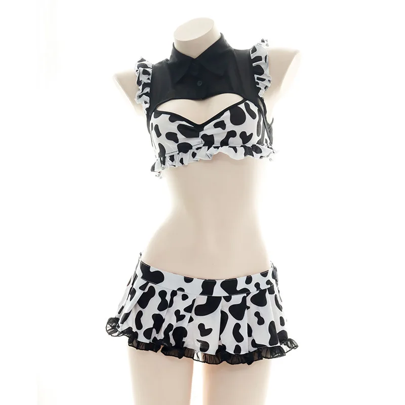 Anime Cow Girl Cosplay Cute Lolita Maid Uniform Stand Collar Hollow Out Cropped Tops Ruffle Mini Skirt Bikini Set Beach Swimsuit